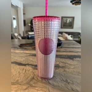 Starbucks Pink & Silver Tumbler with Textured Design